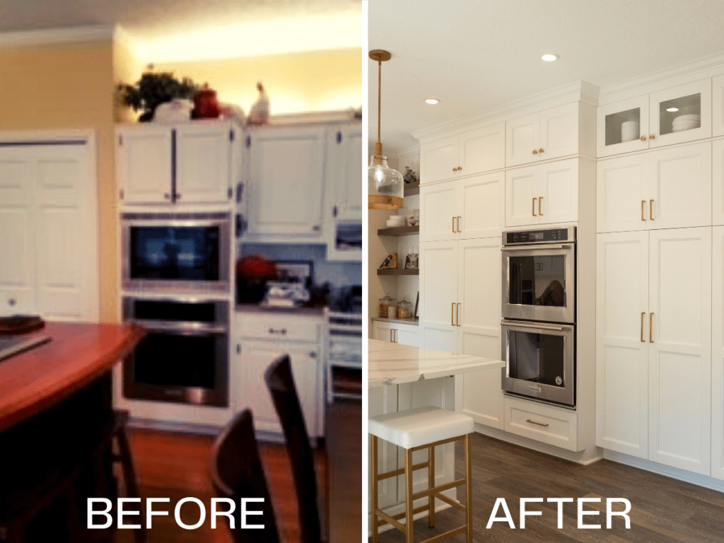 Before and after photo of a kitchen remodel showcasing the transformation with professional layout and design services.